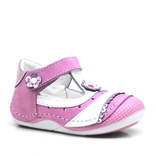 Pembe Pullu Hakiki Deri Ortopedik Cırtlı Yazlık Kız Bebek Ayakkabı-Patik