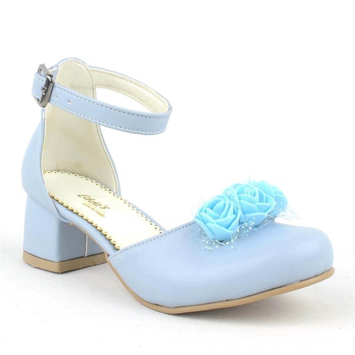 Bebe Mavi Çiçekli Kalın Topuklu Kız Çocuk Abiye Ayakkabı