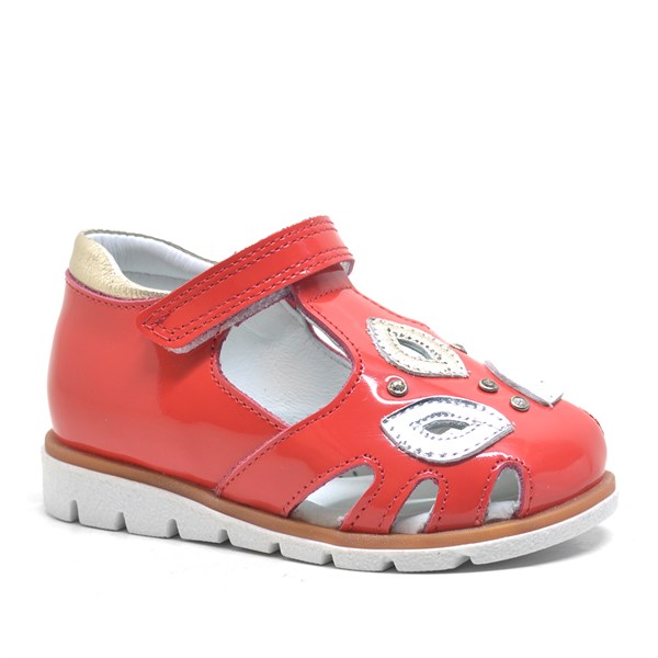 Hakiki Deri Kırmızı Rugan Cırtlı Kız Bebek Sandalet