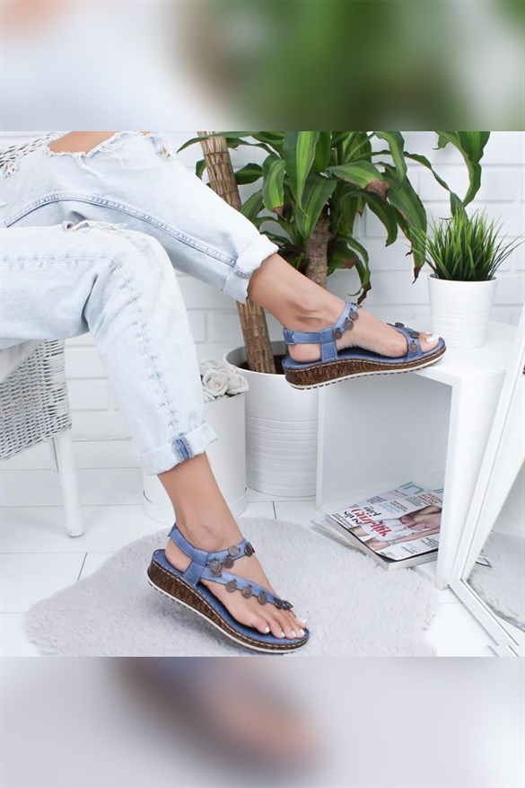 Hakiki Deri Lilah Kot-Mavi Para Detaylı Sandalet