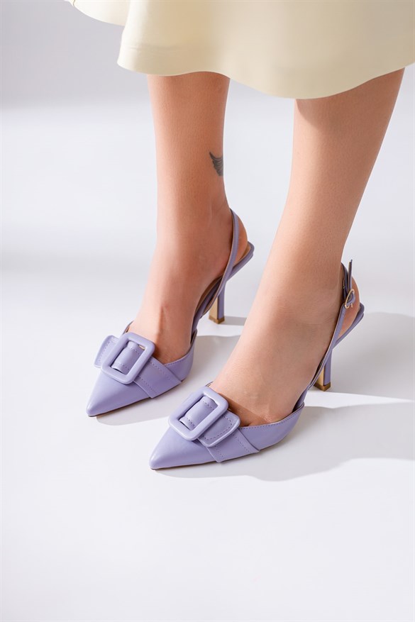 Kayley Lila Sivri Burunlu Toka Detaylı Topuklu Ayakkabı
