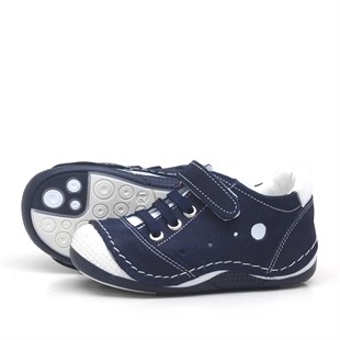 Lacivert Hakiki Deri Ortopedik Cırtlı Yazlık Erkek Bebek Spor Ayakkabı-Patik