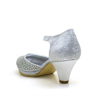Sarıkaya Taşlı Gümüş Rengi Platform Topuklu Kız Çocuk Abiye Ayakkabı