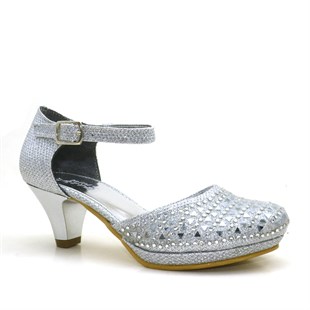 Sarıkaya Taşlı Gümüş Rengi Platform Topuklu Kız Çocuk Abiye Ayakkabı