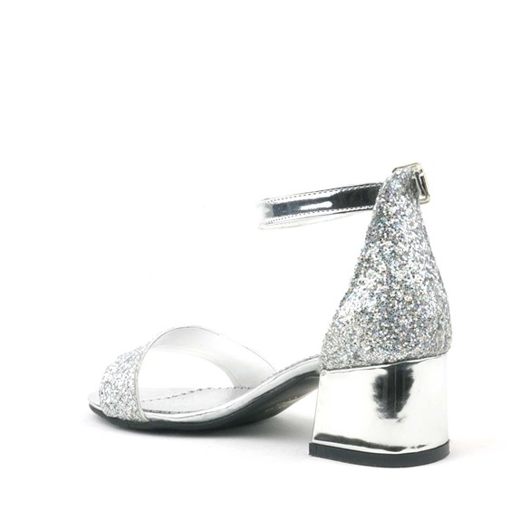 Sarıkaya Elsa Gümüş Simli Kalın Topuklu Tek Bant Kız Çocuk Abiye Ayakkabı