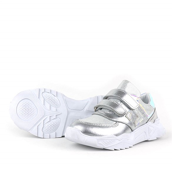 Rakerplus Hakiki Deri Kalın Tabanlı Parlak Gümüş Kız Çocuk Spor Ayakkabı Sneaker