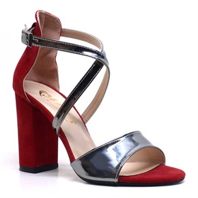Kırmızı Süet-Gümüş Tek Bantlı Kadın Topuklu Abiye Ayakkabı