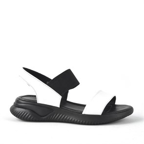 Kadın Terlik & Sandalet Hakiki Deri Siyah Beyaz Lastikli Kalın Taban Kadın Sandalet KSA130-SB