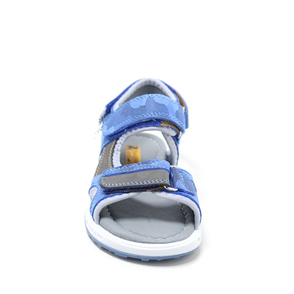 Rakerplus Hakiki Deri Mavi Gri Konfor Tabanlı Cırtlı Çocuk Sandalet