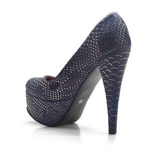 Lacivert Yılan Derisi Desenli Platform Topuk Kadın Ayakkabı