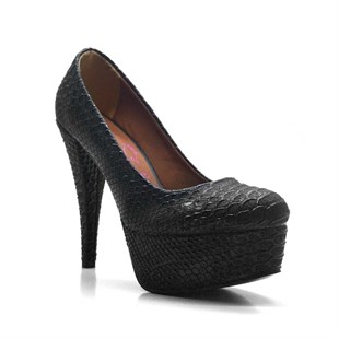 Siyah Yılan Derisi Desenli Platform Topuk Kadın Ayakkabı