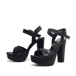 Siyah Saten Platform Topuk Abiye Kadın Ayakkabı