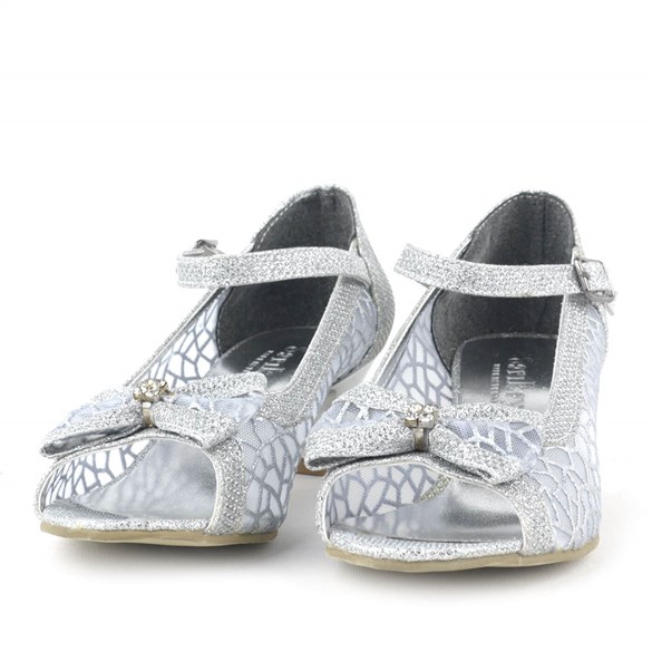 Taşlı Fiyonklu Gümüş Gri Kız Çocuk Topuklu Ayakkabı B52